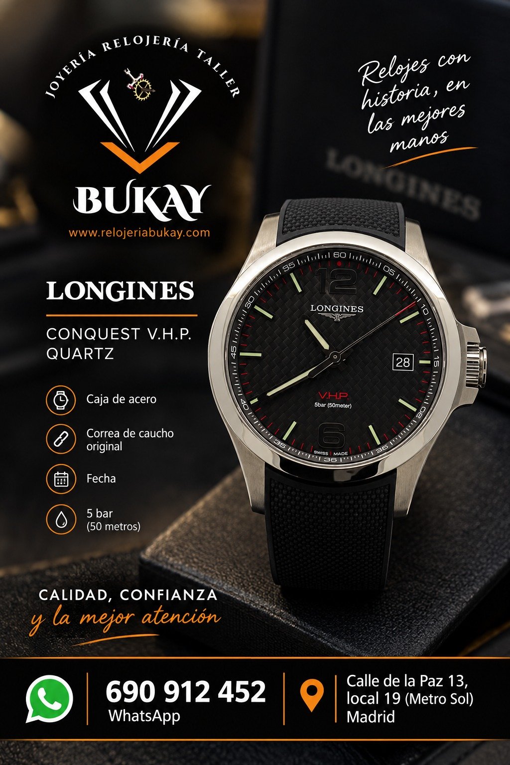 Reloj Longines VHP con resistencia al agua de 5 bares (50 metros).