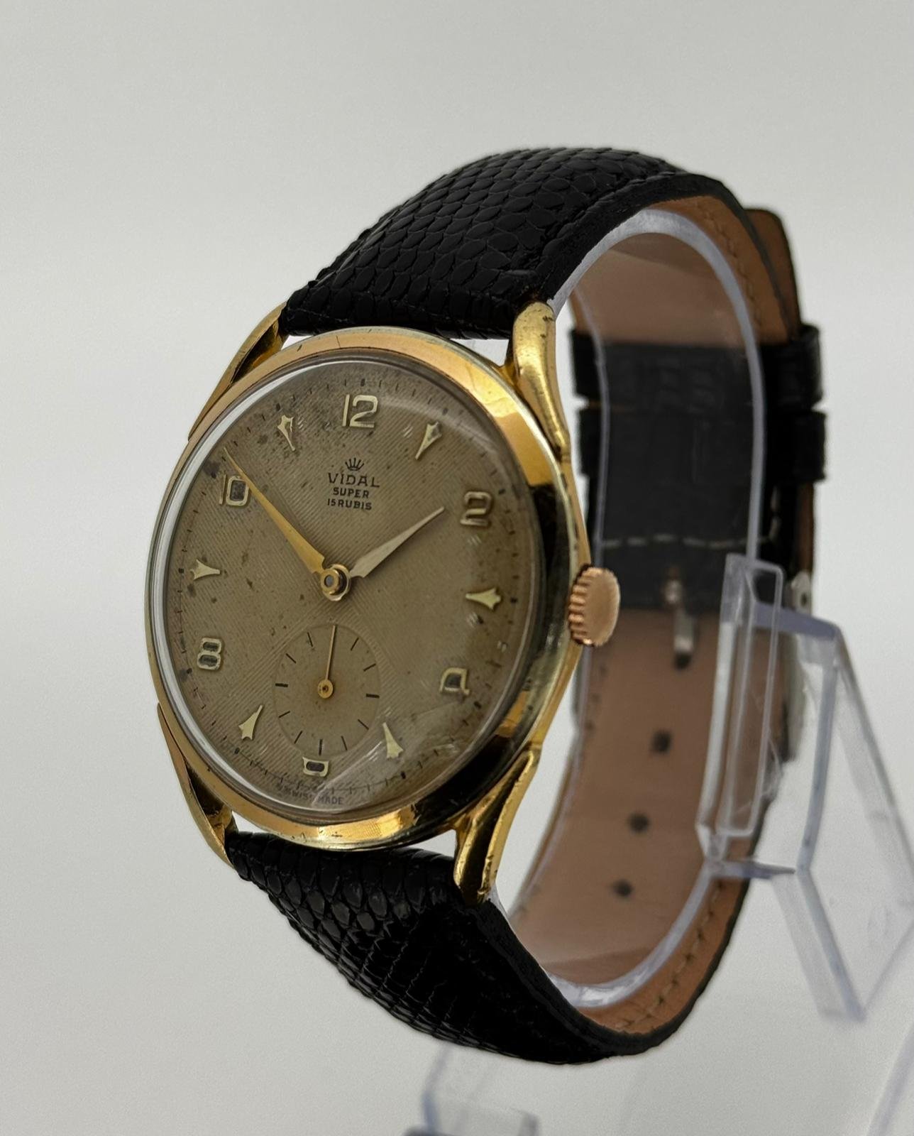 Reloj de pulsera Vidal Super con 15 rubíes y correa de piel negra. - Imagen 3